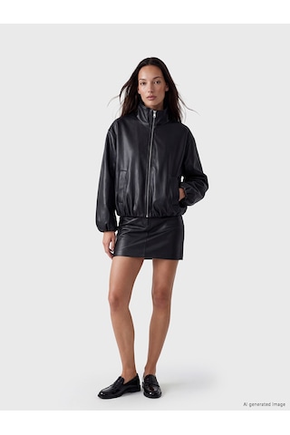 Lcwaıkıkı Classic Siyah Oversize Kadın Bomber Deri Görünümlü Ceket