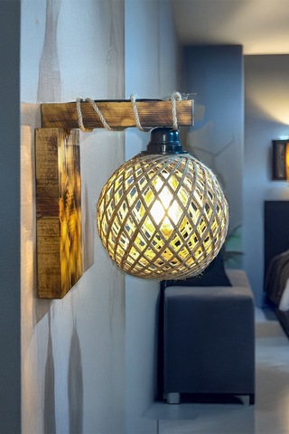 Rustik Ahşap Duvar Apliği Doğal Halat Detaylı, El Yapımı Avize, Dekoratif Yatak Odası Lambası Ahşap