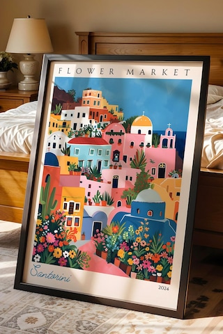 Santorini Yunanistan Çerçeveli Tablo Seyahat Severlere Salon Ve Ofis İçin Estetik Duvar Dekoru Travel Flower Market