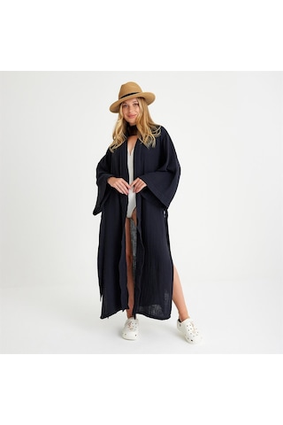 Miespiga Pamuklu Dokuma Beli Kuşaklı Maxi Kadın Kimono Kaftan - Small Medium Siyah