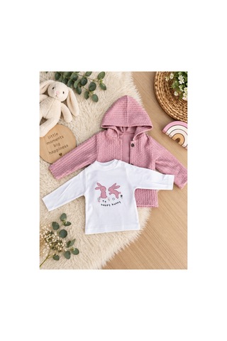 Uğur Bebe Kız Bebek Jakarlı Takım 3 Parça Kapüşonlu Hırka Tavşan Baskılı Üst Pantolon Pudra Pembe Pudra Pudra