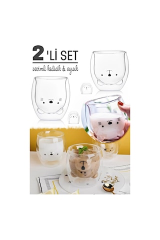 Çift Camlı Cidarlı Sevimli Ayıcık Süt Çay Kahve Su Kupa Bardağı 250ml Ev Ofis Isı Yalıtımlı Bardak