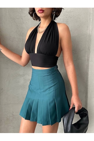 Pileli Düğmeli Etek Yeşil S24811 Yeşil