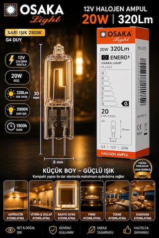 1 Adet Osaka 12volt 20w Sarı Işık G4 Duylu Dim Edilebilir Halojen Kapsül Ampul