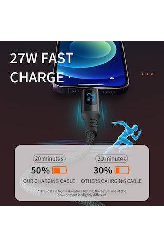 Cr17 İ-phone İle Uyumlu Pd27w Hızlı Şarj Kablosu Asla Kopmaz Örgü Kablo Led Ekranlı Type-c'den Lighting Kablo 1 Metre -