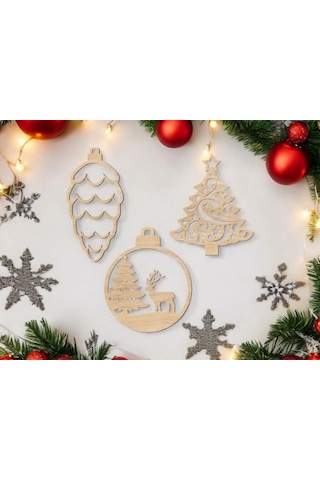 10 Parça Ahşap Yılbaşı Ağacı Süs Seti-5 Ortalama 6-8 Cm Noel Ağacı Süsü