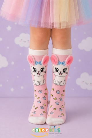 Color Socks 1 Çift Kedi Peluş Pembe Renk Kulaklı Çocuk Çorap Topuksuz