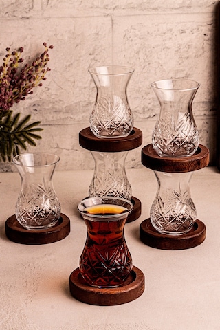 Trady - 6 Lı Cam Çay Seti 12 Parça Ahşap Altlık Cam Çay Takımı Seti 6 Kişilik Çay Tabak Ahşap