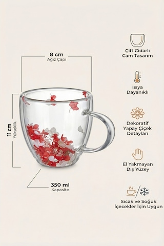 Makri Home Kırmızı Beyaz Çiçekli Çift Cidarlı Cam Kupa, 350 Ml, 11 Cm X 8 Cm Çok Renkli