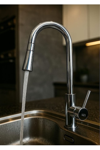 Rudi Armatür Fsm Spiral Uçlu Çekilebilir Mutfak Bataryası- Paslanmaz Krom Gövde Gri