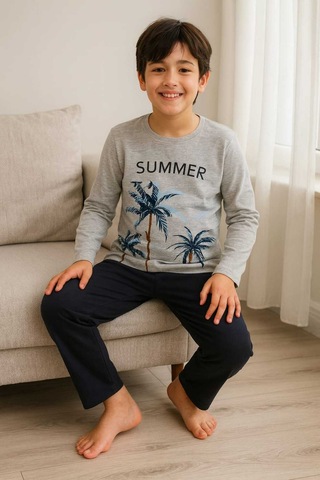 Çocuk Pijama Takımı %100 Pamuk Gri