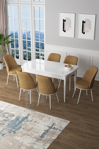 Canisa Concept Zen Serisi 80x132 Mdf Açılabilir Beyaz Masa Takımı Ve 6 Cappucino Sandalye Cappucino Sandalyeler Beyaz Masa