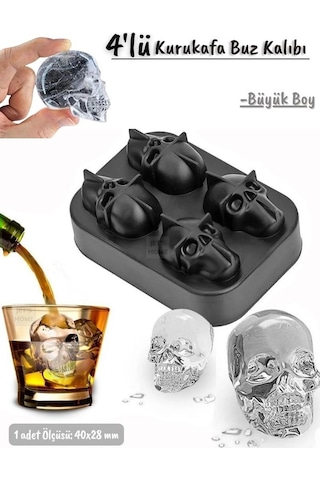 4 Lü Kuru Kafa Buz Kalıbı Silikon Kurukafa Çikolata Kalıbı Siyah 40x28 Mm Siyah
