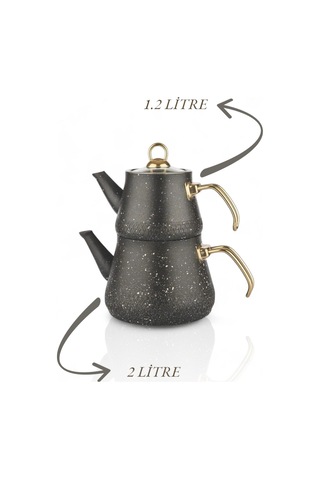 Enashop Granit Kaplama Gold Kulplu Cam Kapak Çaydanlık Siyah Siyah