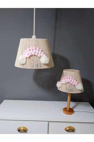 Makrome Avize Çocuk Odası Bebek Odası Abajur Avize Set Ahşap Ayak E27 Duy Ekru