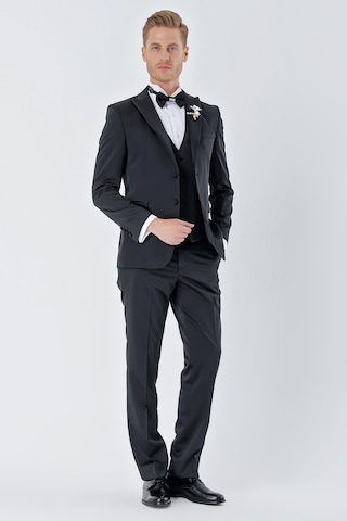İmza Siyah Desenli Armürlü Çıkarılabilir Kırlangıç Yaka 6 Drop Slim Fit Smokin Damatlık Takım 1001230213-Siyah