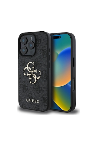 Apple iPhone 16 Pro Uyumlu Kılıf Guess  Lisanslı Pu Deri 4g Desen Metal Büyük 4g Ve Yazı Logo Siyah