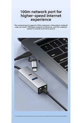 Usb + Lightning Girişli Lan Adaptör Usb 3.0 Çoklayıcı + Type-c Otg