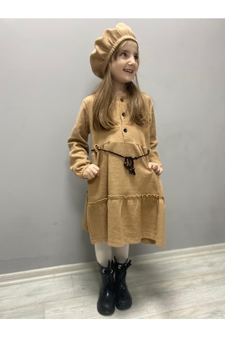 Kaşe Kumaş Şapkalı Kız Çocuk Elbise Mnk0559 001
