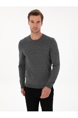 Cacharel Füme Slim Fit Yün Karışımlı Bisiklet Yaka Basic Triko Kazak Gri