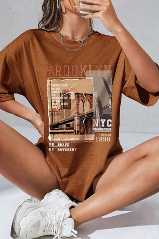 Unisex Brooklyn Baskılı Tasarım Tshirt Kahverengi