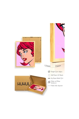 Doğal Ahşap Çerçeveli Pop Art Portre Tablo - Kırmızı Çizgi Roman Huhu2022