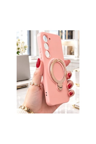 Oppo A5 5g İle Uyumlu 360 Derece Dönebilen Kalın Metal Magsafe Halka Stantlı İçi Kadife Korumalı Ultra Lüx Premium Silikon Kılıf Pembe
