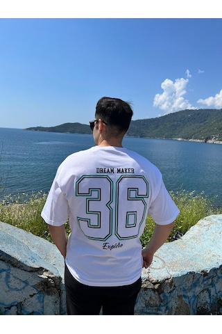 Erkek Bisiklet Yaka Oversize Baskılı T-shirt Beyaz