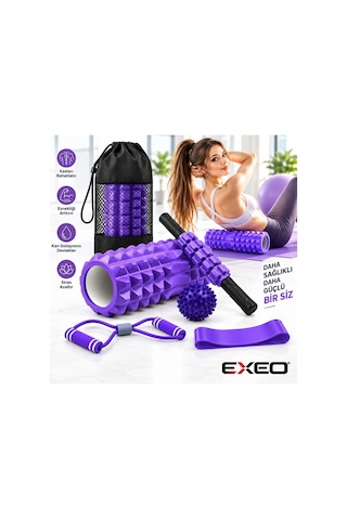 Exeo Foam Roller 5 Li Masaj Egzersiz Seti Rulo Top Direnç Bandı Pilates Yoga Fitness Mor