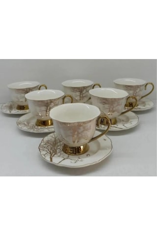 Çeyizci Çarşı Albero 6 Kişilik Ağaç Desen Porselen 220ml Nescafe Çay Fincanı Takımı Purebone-125 Beyaz