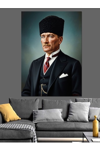 Ahşap Tablo Kalpak Başlıklı Siyah Takım Elbiseli Atatürk Portresi
