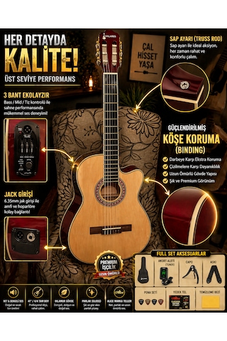 Qcg10cs Elektro Klasik Gitar Ve Seti 3 Bant Ekolayzır Üst Seviye Sahne Performansı Full Aksesuar Hediye Yeni Ürün Natural