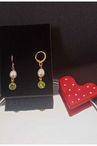 24k Altın Kaplama Gerçek İnci Zirkon Taşlı Yeşil Tasarım Küpe Yeş Gold