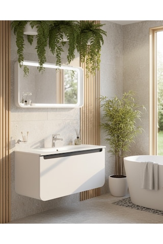 Creavit Pion 120 Cm Lavabo Dolabı Beyaz Antrasit Ve Led Ayna Beyaz