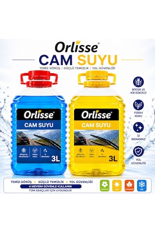 Orlisse Cam Suyu 3 Lt Mavi + Sarı Ferah Kokulu Oto Cam Yıkama Sıvısı Böcek Ve Kir Çözücü