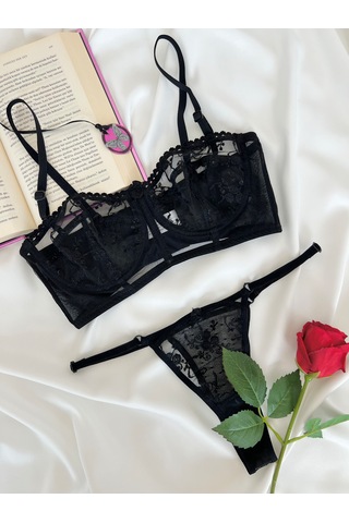 Arinda Candice Siyah Çiçek Desenli Brode İşlemeli Tek Renk Balenli Kapsız Askıları Çıkarılabilir Bralette Sütyen Tanga Alt Üst İç Çamaşırı Takımı 2 Parça