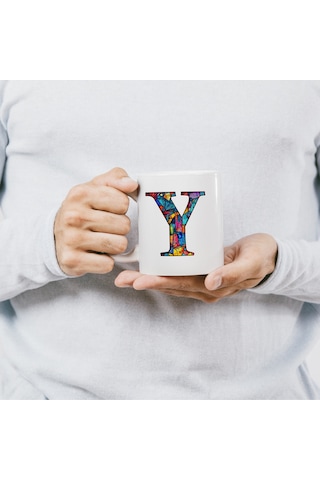 Y Harfi Bardak 330 Ml İsme/harfe Özel Hediye, Renkli Harf Tasarım Beyaz