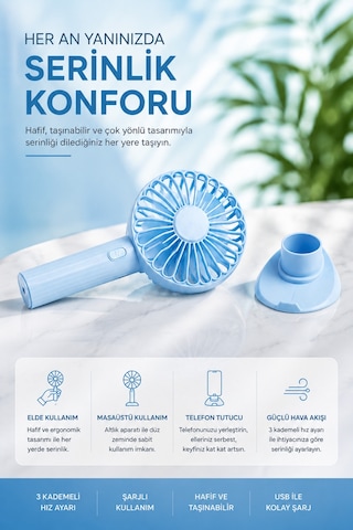 3 Fonksiyonlu Telefon Tutuculu Taşınabilir El Ve Masaüstü Vantilatör Şarjlı 3 Kademeli Mini Fan Usb