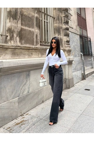 Zdn Jeans Yüksek Bel Antrasit Wide Leg Jean
