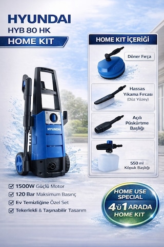 Hyundai HYB80HK 1500W 120Bar Home Kıt 4IN1 Basınçlı Yıkama Makinesi