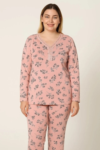 Sude Kadın Bambu Büyük Beden Uzun Kol V Yakası Nakışlı İnce Pijama Takımı P/4357- 1 Adet Pudra