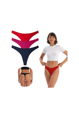 Kadın Pamuklu Basic Tanga Külot, 3'lü Paket,kırmızı-pembe-lacivert Pembe - Kırmızı