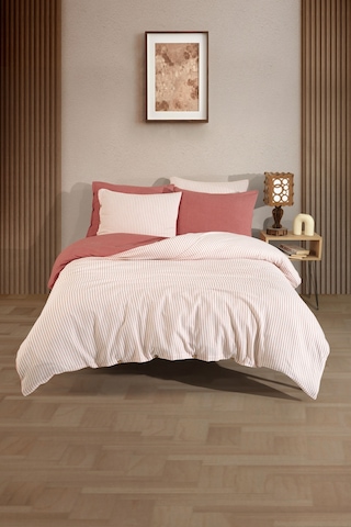 Çift Kişilik Pamuklu Çizgili Nevresim Seti Düğmeli Model 200 X 220 Cm Kiremit
