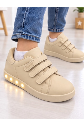Papucumun Dünyası Çocuk Erkek/kız 3 Cırtlı Kolay Giyilir Ortopedik Işıklı Sneaker Tam Kalıp Bej