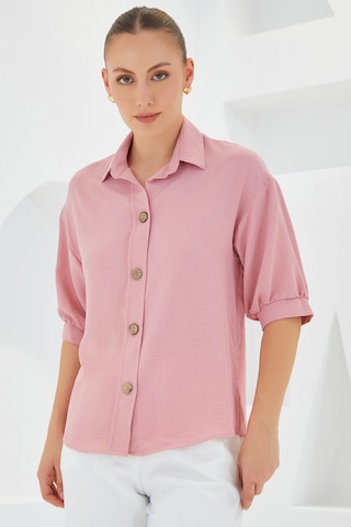 Bigdart Kadın Pembe Kısa Kol Oversize Keten Gömlek 20240 20240bgd19-035-14866 001