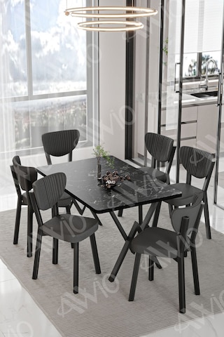 Avvio Vina Elma Sandalye 80x140 Yemek Masası Mutfak Masası 6 Kişilik Masa Sandalye Takım Siyah Mermer
