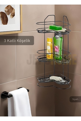 Banyo Rafı Mutfak Rafı Paslanmaz Baharatlık 3 Katlı Köşelik Şampuanlık Siyah