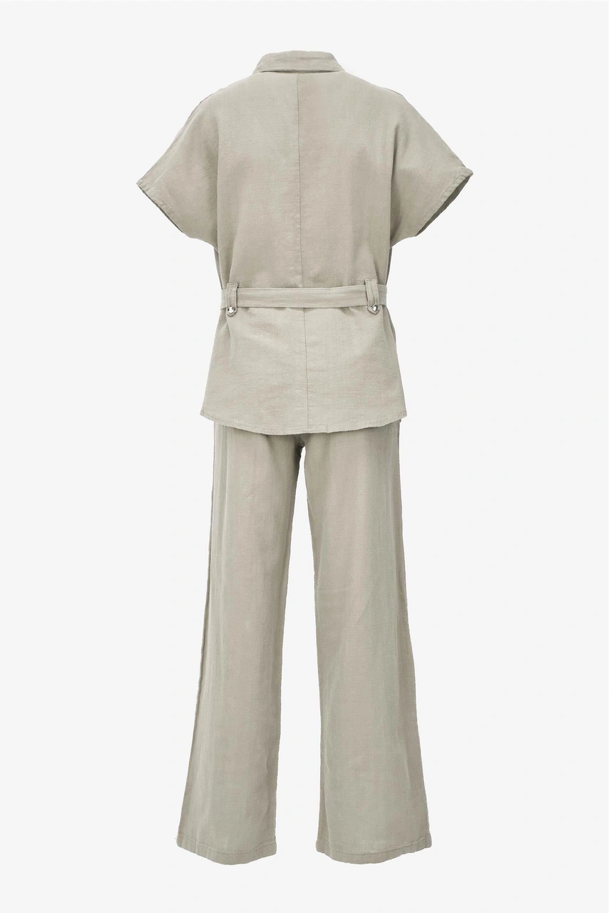 Keten Kuşaklı Gömlek Pantolon Takım - Bej Bej