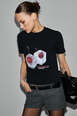 Grımelange Melunae Kadın Organik Pamuklu Bisiklet Yaka Kısa Kollu Baskı Detaylı Siyah T-shirt Siyah
