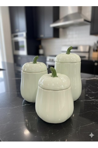 Yeşil 3'lü Kapaklı Bal Kabak Kavanoz Seti Pumpkın Serisi Seramik 500, 750 Ve 1000 Ml Yeşil